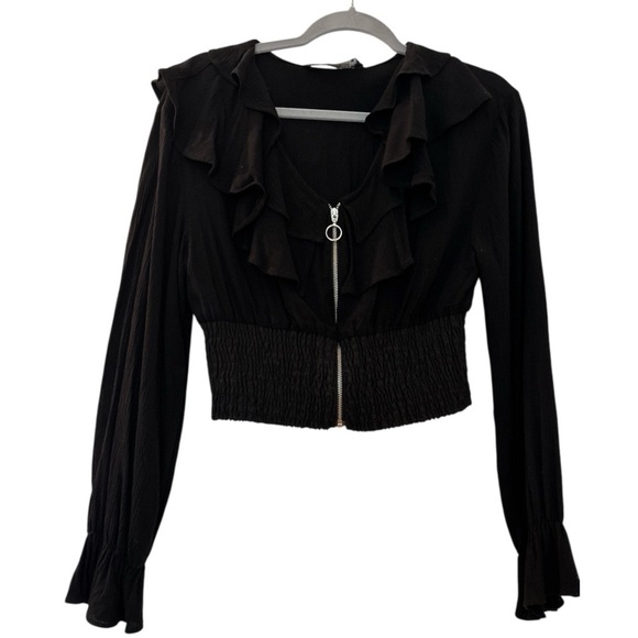 ZARA black top, Medium,ruffle neck,full zip,ruching at waist.Long sleeves ruffle - Picture 1 of 9
